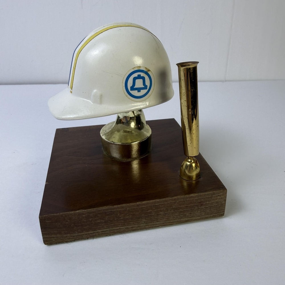 Vintage Bell System Hard‎ Hat Desk Pen Holder Telephone Lineman Wood Base Decor